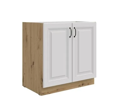 Unterschrank 80 cm Stilo Weiss + Eiche Artisan - Einbauküchen-Komponenten, eleganter Unterschrank mit zwei Türen und Einlegboden für optimale Stauraumnutzung in Ihrer Küche.