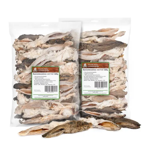 Kaninchenohren mit Fell 2x500g, Hasenohren, Hundesnack 