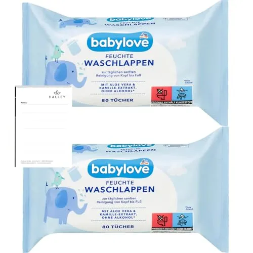 Babylove Feuchte Waschlappen - Sanfte Reinigung mit Aloe Vera & Kamille, für empfindliche Babyhaut & Erwachsene, 2 x 80 Stück + Halley Bedding Notizblock Set