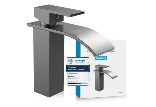 Bächlein Badarmatur Tamina - Elegante Designarmatur in Anthrazit - Hochwertige Einhebelmischer mit Wasserfalloptik für stilvolle Waschbecken. Flexibel und einfach zu montieren, perfekt für jedes moderne Bad.
