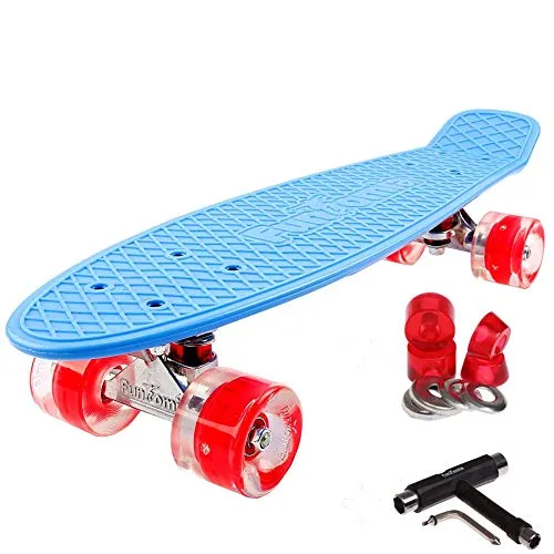 FunTomia 57cm Mini-Board Skateboard mit LED Leuchtrollen - Cruiserboard mit ABEC-9 Kugellager für müheloses Fahren, inklusive innovativen LED Leuchtrollen ohne Batterien, die automatisch beim Fahren leuchten – für mehr Sichtbarkeit und Spaß!