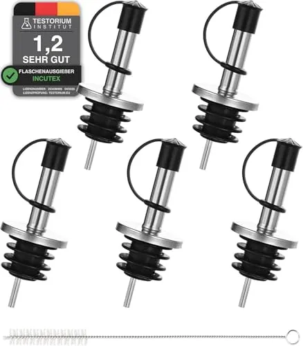 Incutex 5x Flaschenausgießer aus Edelstahl und 1x Reinigungsbürste, Freifluss-Ölstopp,Ausgießer mit Gummikappenverschluss für Flaschen, Öl Spirituosen Wein Likör Essig