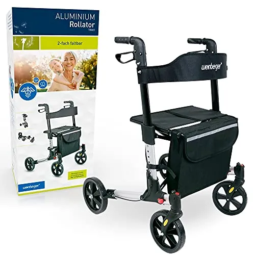 Weinberger leichter klappbarer Alu-Rollator mit Tasche und Bremsen - Rollatoren: Faltbarer und leichter Gehwagen mit nur 7,3 kg, ideal für Reisen und einfach zu verstauen. Ergonomische Handgriffe mit Bremsen sorgen für Sicherheit.