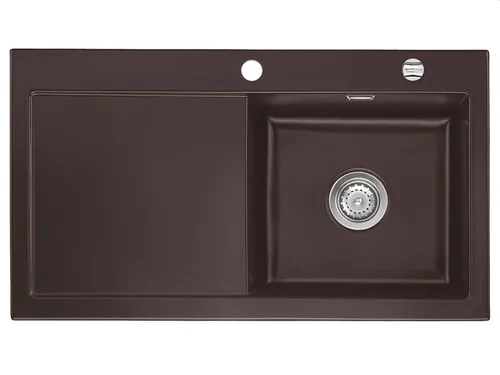 Systemceram Mera 90 Siena Keramikspüle mit Excenterbetätigung - Elegante Keramikspüle in Dunkelbraun, ideal für Unterschränke ab 50 cm. Mit praktischer Excenterbetätigung und großzügigem Becken für komfortables Arbeiten in der Küche.