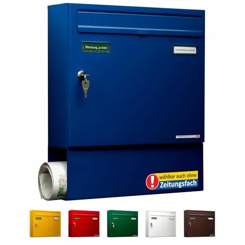 AL Briefkastensysteme Briefkasten Basic 1er blau RAL 5010 - Wandbriefkasten mit Zeitungsfach, wetterfest und langlebig, inklusive Namensschildern und Schloss - ideal für Einfamilienhäuser