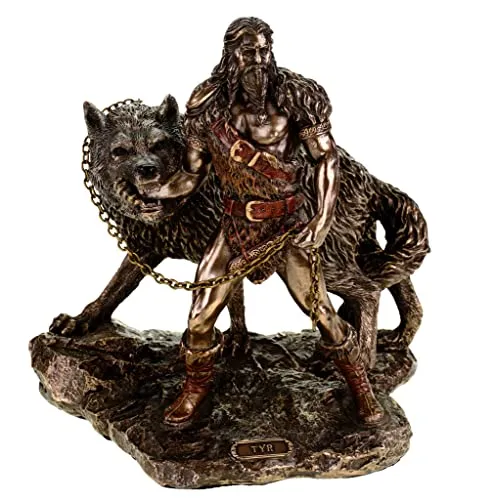 Veronese Figur Germanischer Gott Tyr fängt Fenriswolf - Sammlerfigur aus bronziertem Material, detailreiche Darstellung von Tyr im Kampf mit dem Fenriswolf, ideal für Mythologie-Liebhaber und Sammler.
