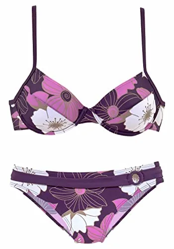 Bügel-Bikini LASCANA, Damen, Gr. 36, Cup D, lila - Bademode mit floralem Design, verstellbaren Trägern und Vordermieder für einen flacheren Bauch. Topseller mit Ziergürtel für zusätzlichen Style.