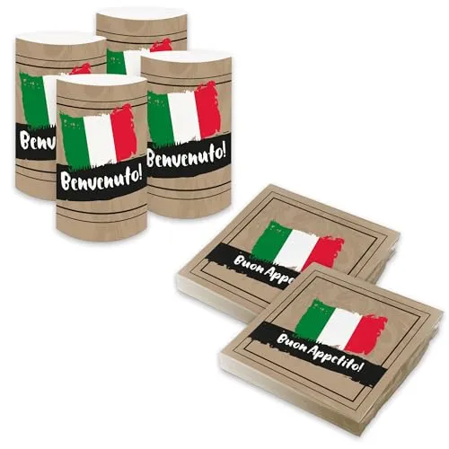 SET 40x itenga Servietten und 6x Windlicht italienisch - Buon Apetito 30 x 30cm 3-lagig Motivserviette Italien für italienische Tischdeko