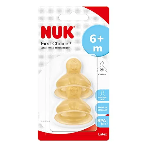NUK First Choice+ Latex-Trinksauger, für ein natürliches Trinkgefühl, kiefergerechte Form, Größe 2, ab 6-18 Monate, M für Milch, 2 Stück