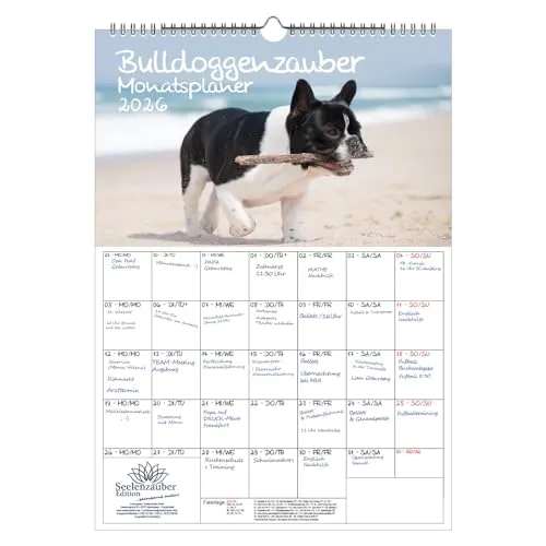 Bulldoggenzauber Planer DIN A3 Kalender für 2026 Bulldoggen Hunde und Welpen - Seelenzauber