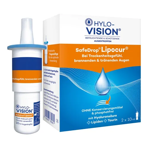 Hylo-Vision SafeDrop Lipocur 2X10 ml - Augentropfen für trockene Augen - Arzneimittel zur Linderung trockener Augen, rezeptfrei erhältlich und ideal für langanhaltende Feuchtigkeit.