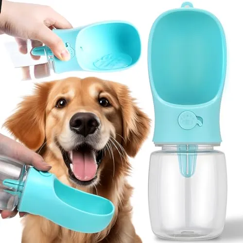 Retoo Hunde Flasche für Haustiere Wasserspender Reisezubehör für Wandern und Campen Drehbare Wassersparfunktion auslaufsicher tragbar Edelstahl lebensmittelechter Kunststoff 350 ml BPA-frei Türkis