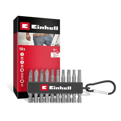 Original Einhell Bit-Set 10-tlg. (50-mm-Bits PH/PZ/T/H, sandgestrahlter S2-Stahl, Bit-Riegel mit Karabiner, E 6.3 Schaft)