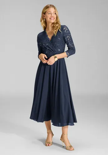 Swing Cocktailkleid mit Spitzenbesatz in Marine, Größe 42 - Elegantes Damen Cocktailkleid in taillierter Midilänge mit V-Ausschnitt und feinem Spitzenbesatz, ideal für besondere Anlässe und sorgt für ein angenehmes Tragegefühl dank blickdichtem Unterrock.