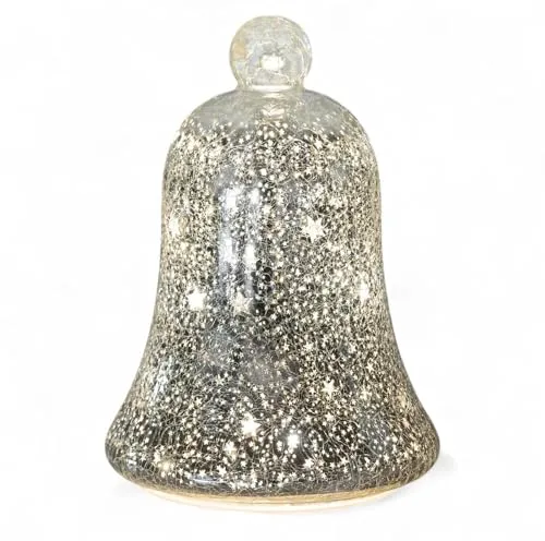 LED Deko Glas-Glocke Weihnachten Frosty Sterne 22cm mit Timer & warmweißem Licht - Batteriebetrieben- festliche Herbst Winterdeko Farbglas in Frostoptik mit Stern-Dekor - Weihnachtsbeleuchtung