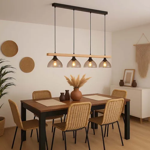LED Pendelleuchte Holzlampe 4-flammig, elegant mit Rauchglas - Lampen - Stilvolle 4-flammige Hängeleuchte mit Holz- und Rauchglaselementen, ideal für ein warmes Ambiente in Wohnräumen.