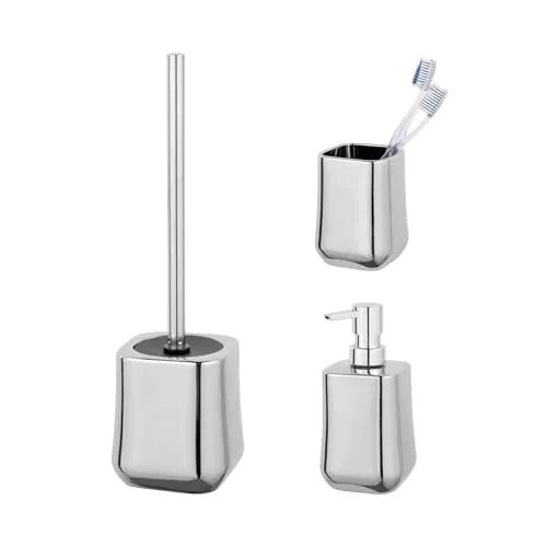 SCHÖNER WOHNEN Badaccessoire-Set »Adine«, 3-teilig - Sonstige Badaccessoires, elegantes 3-teiliges Set aus Keramik und Edelstahl in Silberfarben, ideal für ein stilvolles Badezimmer.