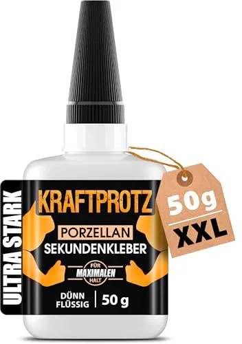 Sekundenkleber für Keramik & Porzellan extra stark – XXL 50 g Superkleber dünnflüssig (extra flüssig) – hochpräzise für Risse – hitze- & spülmaschinenfest – KRAFTPROTZ Spezialkleber für Ton & Stein