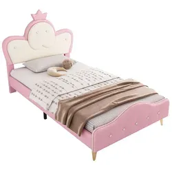 Polsterbett mit LED-Beleuchtung, 90x200 cm, Einzelbett mit Kopfteil und Lattenrost, Jugendbett, Kunstleder - Rosa