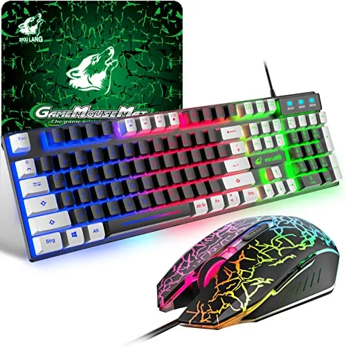 Gaming Farbblock Tastatur Und Maus Set, QWERTZ German Layout Regenbogen LED Hintergrundbeleuchtung Ergonomische Keyboard 6 Tasten 2400 DPI Maus und Mauspad, USB Verkabelt, Schwarz+Weiße Tastenkappen