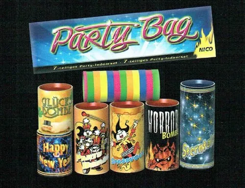 Party-Bag Tischfeuerwerk 7-teilig - Folien-Party-Sortiment mit 6 Tischbomben und einer Rolle Luftschlangen, ideal für unvergessliche Feiern ab 12 Jahren!