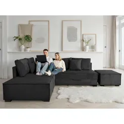 Ecksofa HOME AFFAIRE, anthrazit, B:316cm T:215cm, 100% Polyester, Sofas, Ecksofa, inkl. Bettfunktion, Bettkasten, 3 Zierkissen, Boxspringbett 180x200 cm