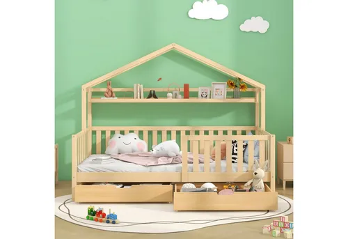 OKWISH Kinderbett Hausbett aus Kiefer mit 2 Schubladen, 90x200 cm - Das skandinavische Kinderhausbett aus Kiefernholz bietet eine gemütliche Atmosphäre und praktische Lösungen: Zwei Schubladen für Spielzeug und eine Ablagefläche für Bücher machen es ideal für das Kinderzimmer.