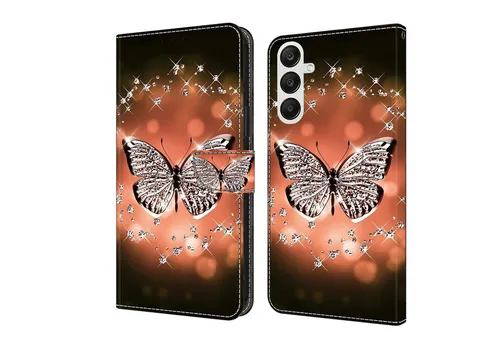 CLM-Tech Handytasche für Samsung Galaxy A56 5G Hülle aus PU-Leder Klapphülle (Schmetterling Diamanten Muster, Schutzhülle mit Standfunktion, Kartenfächern), und Magnetverschluss