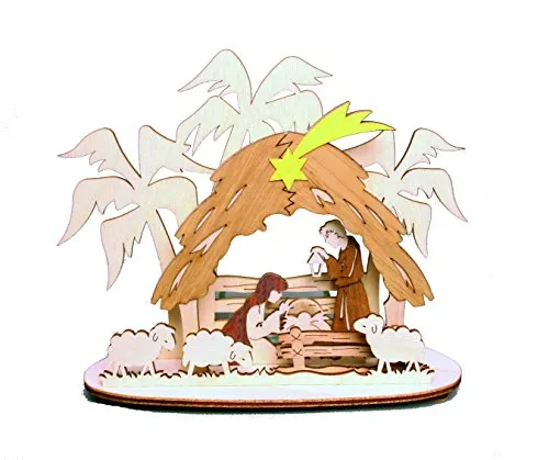 Drechslerei Kuhnert Teelichthalter „Krippe“ aus Holz - handgefertigte Weihnachtsdeko mit 3D-Effekt - Natürliche Materialien - für echte Teelichter geeignet - Made in Germany