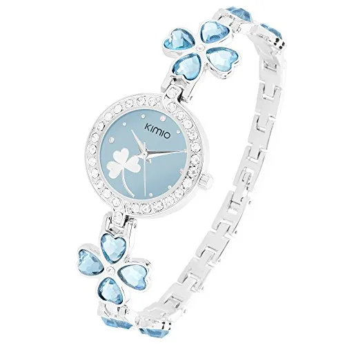 Taffstyle Damen-Armbanduhr Analog Quarz mit Metall-Armband Strass Kristall Herzen Kleeblatt Uhr Silber Hellblau