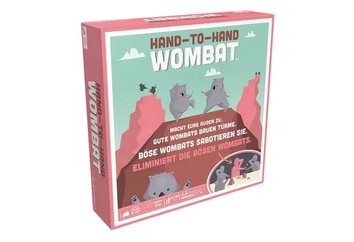 Exploding Kittens Hand-to-Hand Wombat - Aktives Partyspiel für 3-6 Spieler - Gesellschaftsspiel mit Teamwork und Spaß: Baut Türme in 90 Sekunden, während ein Wombat sabotiert! Ideal für Kinder ab 7 Jahren.