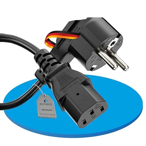 Produktbild sonero Stromkabel Kaltgerätekabel 3 Polig, 1,0m, 90° Winkel Schutzkontakt Schuko Stecker Netzstecker auf Kaltgerätekupplung C13 Buchse, Netzkabel Netzteil Strom Kabel für Monitor PC Drucker, Schwarz