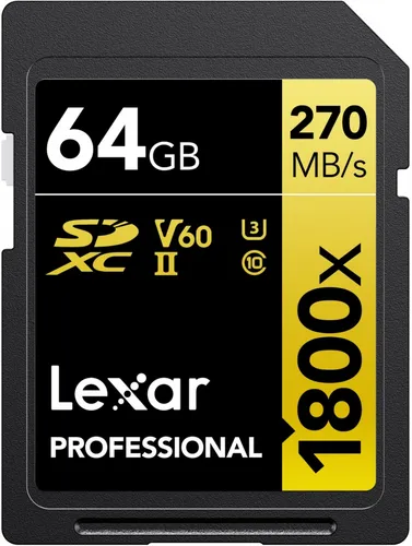 Lexar SDXC Professional Type Gold 64 GB - 1800x 270MB/s - Speicherkarten mit V60 II für hohe Schreibgeschwindigkeiten, ideal für 4K-Videos und schnelle Datenübertragungen.