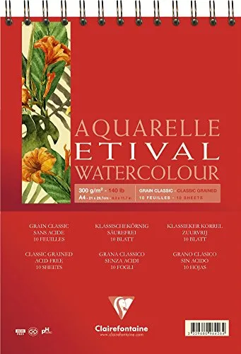 Clairefontaine 96426C Aquarellblock Etival (matt, 300g, für alle Nasstechniken geeignet, Spiralbindung, 10 Blatt, DIN A4, 21 x 29,7 cm, ideal für Anfänger, säurefrei) weiß