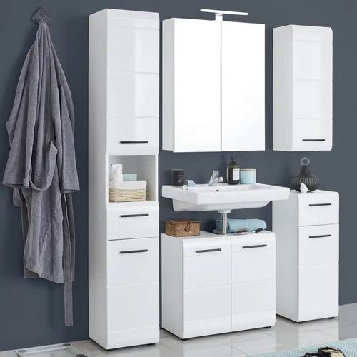 Lomadox Badmöbel-Set LISBOA-19 in Weiß Hochglanz mit LED-Beleuchtung - Elegantes 6-teiliges Badmöbel-Set, 170 x 182 x 31 cm, aus hochwertigem MDF. Mit moderner LED-Beleuchtung für ein stilvolles Ambiente. Ideal für die Selbstmontage.