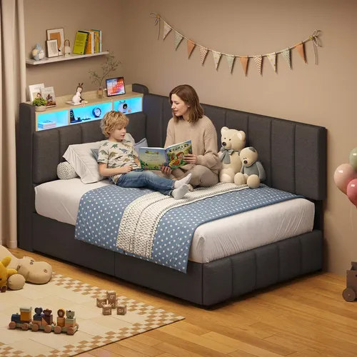 KIMENICH Jugendbett mit LED und Ladestation, 90x200cm, Grau - Praktisches Polsterbett mit integriertem Stauraum und USB-Ladestation. Die LED-Beleuchtung sorgt für ein gemütliches Ambiente. Ideal für Schlafzimmer und Gästezimmer.
