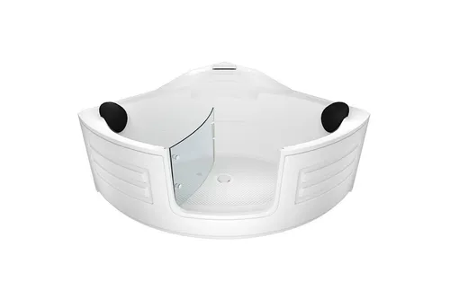 AcquaVapore Eckbadewanne S70-ALL 150x150cm mit Tür - Moderne Eckbadewanne für zwei Personen, gefertigt aus hochwertigem Acryl. Die Wanne überzeugt durch ihr elegantes Design und einfache Montage. Mit einem einzigartigen Wasserfall und komfortablen Nackenkissen.