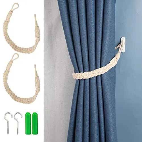 WUDQIJI Vorhang Raffhalter 2 Stück Curtain Rope Buckle Holdbacks Halter Haken Clip Vorhang-Raffhalter Baumwolle Strickknoten Geflochtene mit Metall Haken für Dekorativer Vorhang