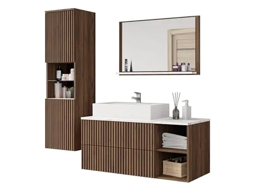 Mirjan24 Badmöbel-Set Braun, 2 Schubladen - Elegantes Badmöbel-Set in Marmor-Optik mit grifflosen Türen, ideal für stilvolle Badezimmer. Maße: 100x57x45 cm, inklusive Waschbecken aus hochwertigem Mineralwerkstoff.