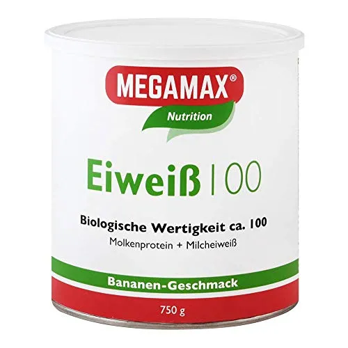 Eiweiß 100 Banane Megamax 750 G - Sportnahrung: Eiweißreiches Getränkepulver mit 81 g Eiweiß pro 100 g, ideal für Muskelaufbau und Regeneration, ohne Zuckerzusatz.