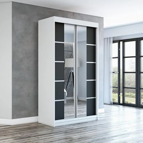 Schwebetürenschrank ERA 120 cm mit Spiegel - Moderner 2-türiger Schwebetürenschrank in Weiß/Schwarz, ausgestattet mit hochwertigen Aluminium-Türgriffen und einem praktischen Schiebetürsystem für einfachen Zugriff. Ideal für platzsparende Aufbewahrung.