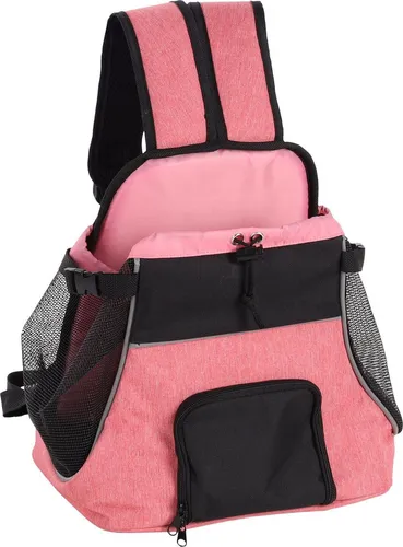 Flamingo Fronttasche Xanty rosa für kleine Hunde - Tier-Transporttasche Xanty in rosa - Komfortable und sichere Tragehilfe für Welpen, mit verstellbarem Hüftgurt und reflektierenden Streifen für erhöhte Sichtbarkeit.