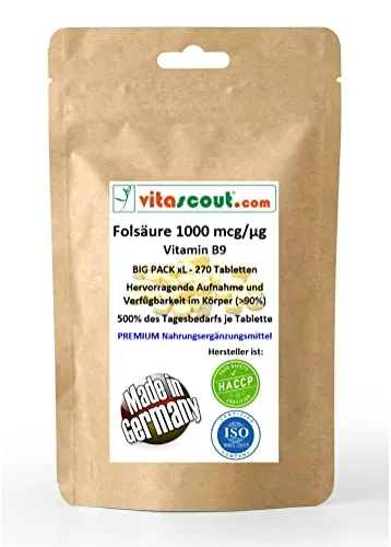 Folsäure 1000 mcg, 270 Vegane Tabletten, Folic Acid (Vitamin B9), 500% des Tagesbedarfs, Ohne Magnesiumstearat