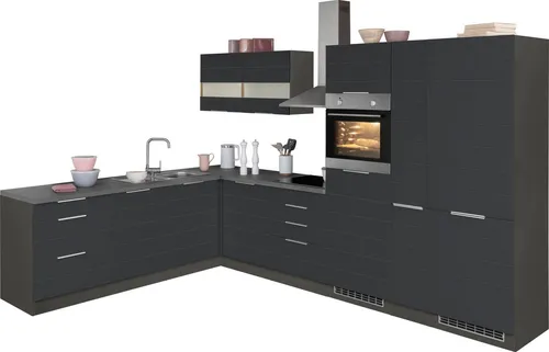 KOCHSTATION Winkelküche KS-Luhe 240x330 cm - Küchenzeile mit wahlweise E-Geräten, ideal für kreative Köche. Die elegante graue MDF-Front und die durchgehende Arbeitsplatte bieten Funktionalität und Stil in Ihrem Zuhause.