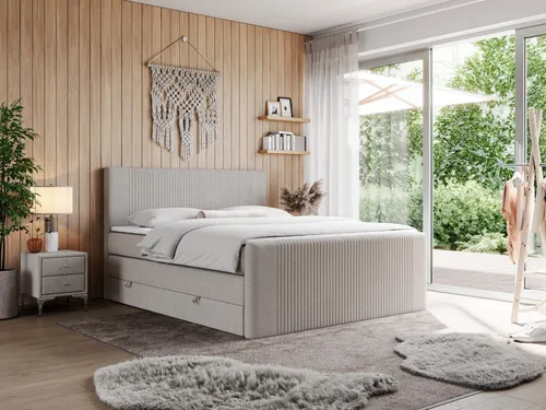 KING DOREN Boxspringbett 120x200cm - Beige mit Multipocket-Matratze - Bequemes Doppelbett mit gepolsterter Kopfstütze und zwei seitlich öffnenden Bettkästen. Die 7-Zonen-Taschenfederkernmatratze sorgt für optimalen Schlafkomfort.