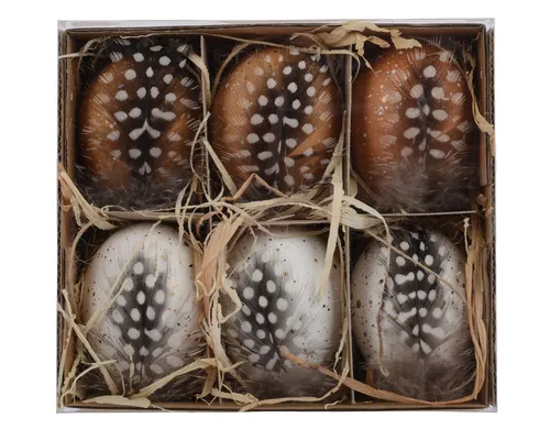 Decoris season decorations Osterei, Ostereier zum Aufhängen 4x6cm gesprenkelt mit Perlhuhn Feder 6er Box