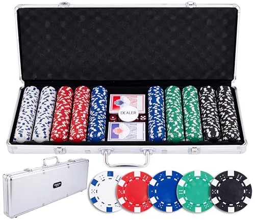 Engelhart - 320915 – Poker-Set – Koffer aus versilbertem Metall – 500 Chips 11,5 g ohne Nummer + 2 Kartenspiele, 1 Croupier-Knopf, 5 Würfel