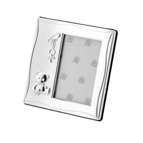 Baby Fotorahmen mit Teddybär - versilberter Kinder Bilderrahmen 6x9 cm, glänzend poliert, Erinnerungsgeschenk für Geburt, Taufe & Babyparty