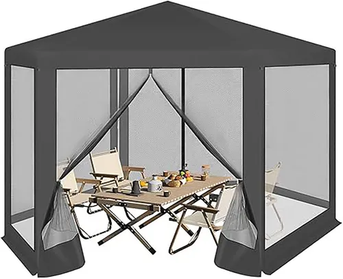 Woltu Pavillon mit Moskitonetz, 3,8x3,3 m - Sechseckiger Gartenpavillon mit UV-Schutz, atmungsaktivem Moskitonetz und robustem Metallrahmen – ideal für gemütliche Feste im Freien.