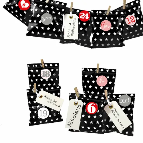DIY Adventskalender Bescherung schwarz Stern Papiertueten flach Ziffern rosa-rot